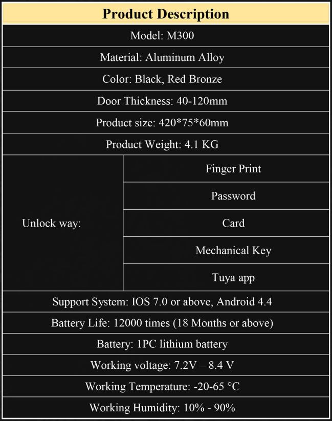 مشخصات فنی قفل هوشمند M300
