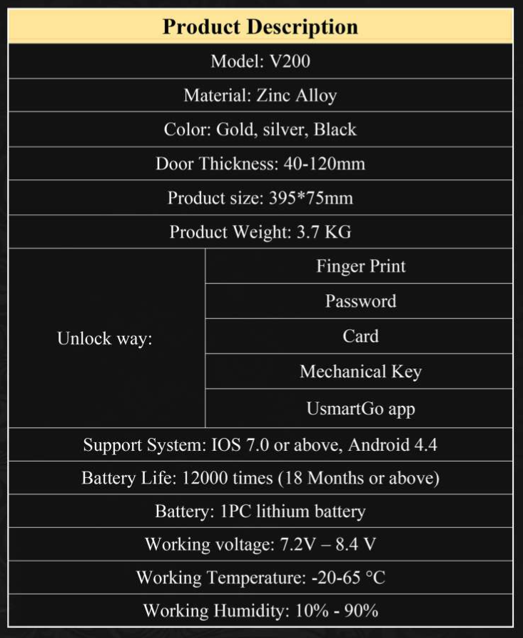 مشخصات قفل هوشمند V200