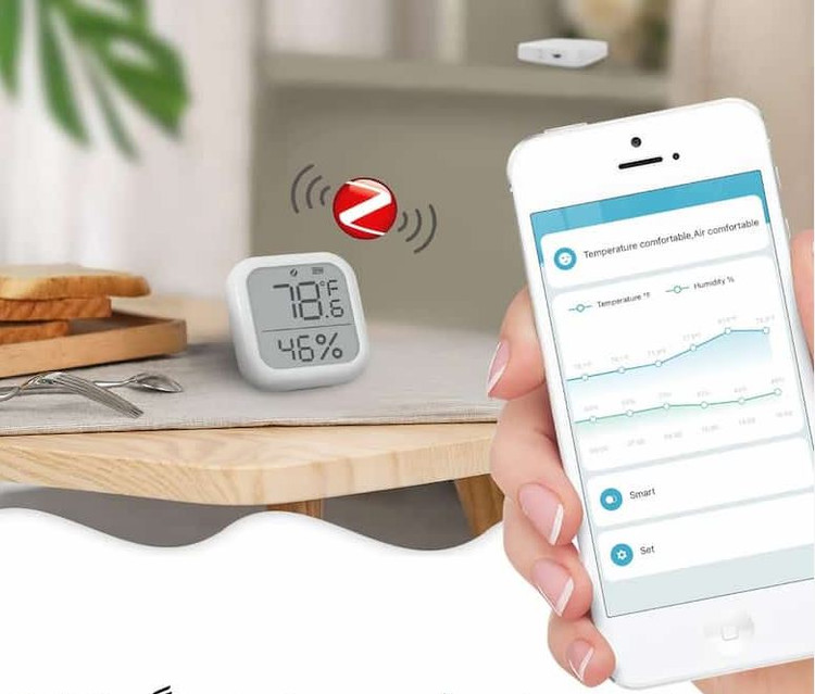 ﺳﻨﺴﻮر دﻣﺎ و رﻃﻮﺑﺖ ﻫﻮﺷﻤﻨﺪ زیگبی ﺑﺎ ﺻﻔﺤﻪ ﻧﻤﺎﯾﺶ ZSS-KB-TH-LF-C برند MOES