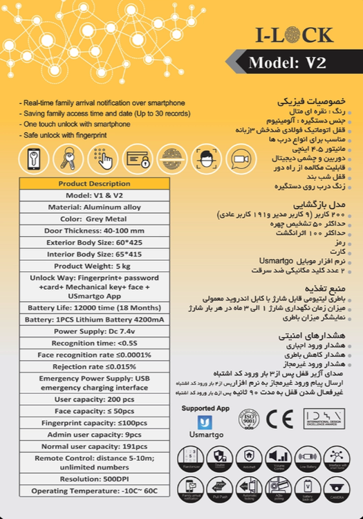 دستگیره تشخیص چهره و سنسور حرکتی هوشمند برند I-LOCK مدل: V2