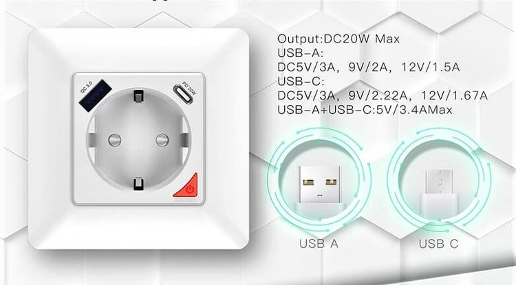 پریز هوشمند (با پورت USB + USB Type C) 16 آمپر مدل WK-Y-EU-1U1C