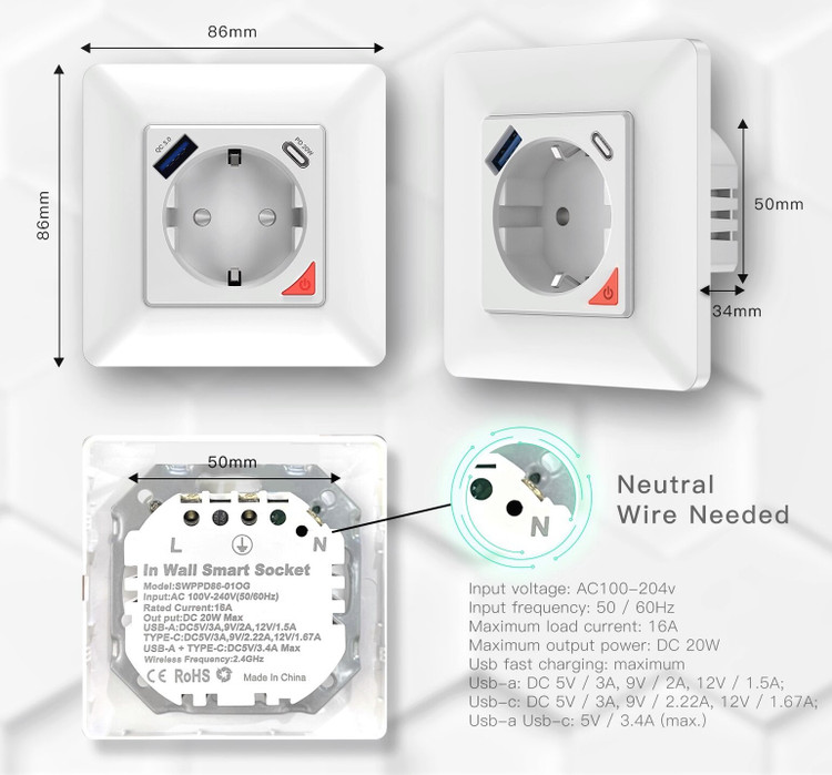 ابعاد پریز هوشمند Moes مدل WK-Y-EU-1U1C